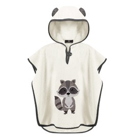 LAYNENBURG Premium Bath Poncho Children with Hood - 100% Cotton - Oeko-Tex - Baby Boys Girls Towel Poncho Terry Cloth, Cream - Raccoon