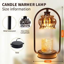 Glass Candle Warmer Lamp with Timer, Crystal Candle Lamp Warmer with 2 Bulbs, 4-Level Dimming, Metal Arc Lamp Holder, Candle Melter Lamp for Scented Jar, Gifts for Valentines Birthday (Round Black)
