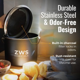 ZWS Essentials Black Stainless Steel Compost Bin | 6.5L Odor-Free Kitchen Countertop Food Scrap Pail with Charcoal Filter | Compact Zero Waste Solution for Home and Apartment Kitchens
