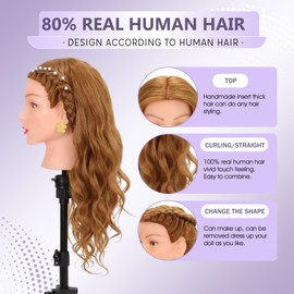 Mannequin Head with 80% Human Hair Cosmetology Practice Doll Head for Braiding Cutting Styling 26-28” Manikin Head with Tools and Tripod Stand (Blonde)