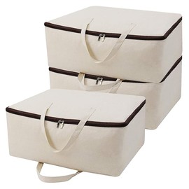 Breathable Canvas Cotton Soft Storage Bags with Handles & 3-side Zip, Good for Cotton Clothes Bedding Organizer Bins, Beige, 3pcs