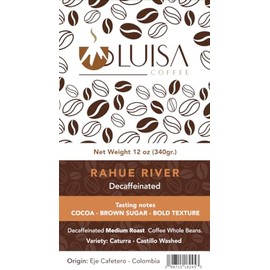 Luisa Coffee Rahue River Decaffeinated whlole beans coffee, 12 oz / 340 gr,. Specialty Coffee (pack of 1) Medium roast. Tasting notes: cocoa, brown sugar, bold texture.