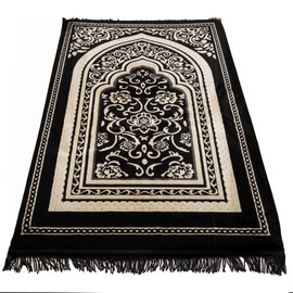 Modefa Orthopedic Islamic Prayer Rug | Large Padded Janamaz Sajjada | One Inch Thick Comfortable Soft Velvet Cushion Muslim Namaz Sajadah | Double Plush Foam (Floral Arch Black)