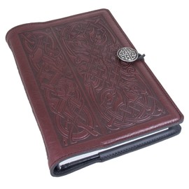 Genuine Leather Refillable Journal Cover with a Hardbound Blank Insert, A5 Leather Notebook Cover, 6x9 Inches, Celtic Hounds, Wine Color with a Pewter Button, Made in the USA by Oberon Design