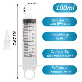 100ml Large Syringes, Individually Sterile Sealed Plastic Syringe for Liquid, Scientific Labs, Measurement, Pet Feeding ,Ink Refilling ,Oil or Glue Applicator(1 Pack)