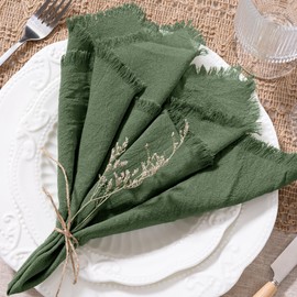 Socomi Handmade Cloth Napkins Cotton Linen Napkins with Fringe Rustic Boho Fringe Napkins for Fall Thanksgiving Chirstmas Wedding Decoration (Set of 10, Olive Green)