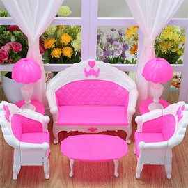Fat-catz-copy-catz Doll Sized Pink Living Room Furniture Set: Sofa, Chairs, Tables & Lamps