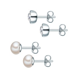 Rafaela Donata Women's Stud Earrings Set of 2 925 Sterling Silver Decorated with Crystals Freshwater Cultured Pearl Approx. 6.0 mm, Crystal