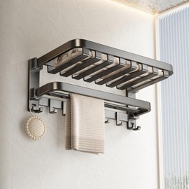 VOLPONE Bathroom Towel Rack with Double Towel Bar Foldable Towel Shelf Wall Mounted Towel Storage with Hooks No Assembly Required 24Inch Grey