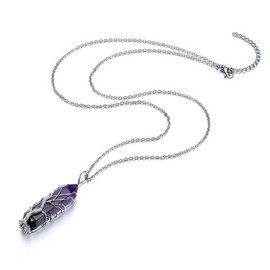 JSDDE Natural Amethyst Crystal Stone Necklace Life Tree Silver Wrapped Quartz Gemstone Pendant Necklaces Jewelry for Women Gift