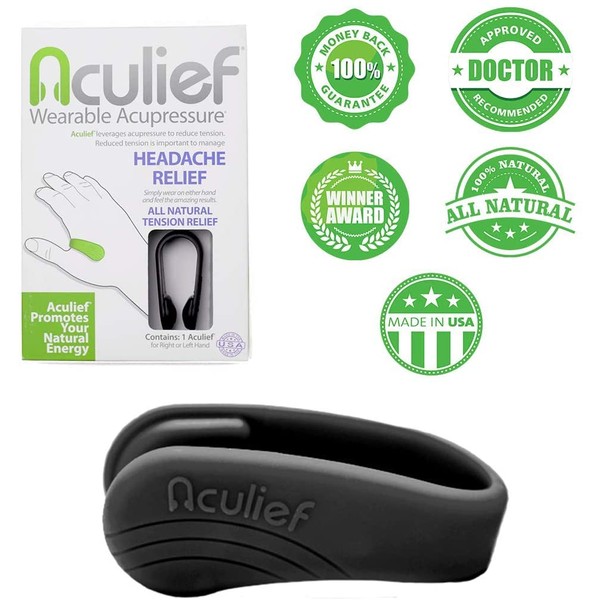 Aculief - Award Winning Natural Headache, Migraine and Tension Relief - Wearable Acupressure - Stress Alleviation - Simple, Easy & Effective 1 Pack - (Black)