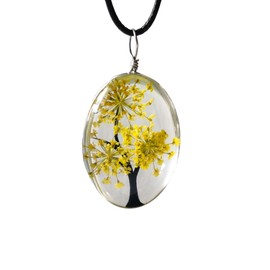 ZEN&TAO Oval Transparent Dried Flowers Pendant Women Necklace with Black Cord Chain Gift Idea for All Occassions (Yellow)