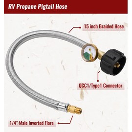CALPOSE 15 inch RV Propane Hoses with Gauge, 1/4” Male Inverted, Stainless Steel Braided Camper Propane Pigtail for 2-Stage Regulator, 2 Pack