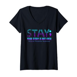 Womens Stay Suicide Prevention Awareness Teal and Purple Ribbon V-Neck T-Shirt