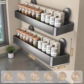 ONXE 2 Pack Suction Cup Spice Rack,Moveable Spice Shelf for Kitchen Refrigerator,Wall,Oven,Cabinet,No-drill Organizers Storage Seasoning Organization,Kitchen Essentials Gadget