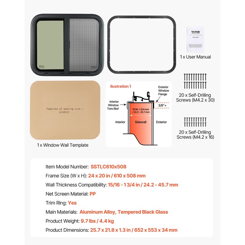 VEVOR Horizontal RV Window, 24" W x 20" H Tinted
