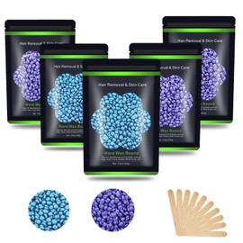Auperwel Wax Beads for Hair Removal 1.1 lb (17.6 oz), Hard Wax Beads for Sensitive Skin - Brazilian, Face, Bikini, Legs, Eyebrow, Painless Waxing Beads Kit for Women Men, 5 Packs with 10 Wax Sticks