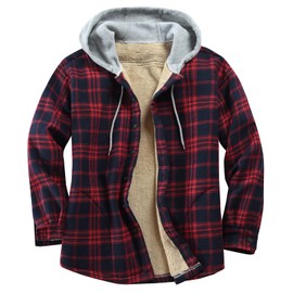 Derbars Men's Cotton Plaid Shirts Jacket Fleece Lined Flannel Shirts Sherpa Button Down Jackets with Hood for Men Red Medium