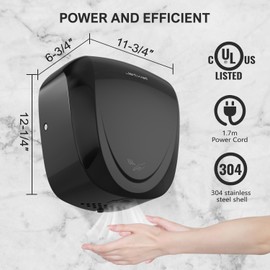 JETWELL UL Approved Commercial Hand Dryer with HEPA Filter High Speed Automatic Warm Wind, Heavy Duty Black Stainless Steel Cover AC110V-130V