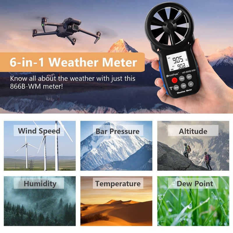HoldPeak Handheld Anemometer Barometer, Weather Meter for Wind Speed, Temperature,
