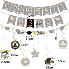 3PCS Congrats Grad Banner CHUNLINLAODA-Graduation Congrats Grad Banners Black Golden Grad Hat Paper Garland Congrats Grad Bunting Banner Sign for School Graduation Decoration Supplies (Black and gold)