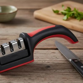 Chulim Afilador de Cuchillos Manual 3 Etapas, Rojo con Negro, Acero Inoxidable, Cer?mica, Para Reparar y Restaurar Cualquier Tipo de Tijeras y Cuchillos, Mango Ergon?mico, 19.7 X 4.2 X 6 Cm