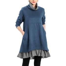 Minibee Women's Oversized Sweatshirt Dress Turtleneck Long Sleeve Tunic Tops Swing Dresses with Pockets Jean Blue XXL