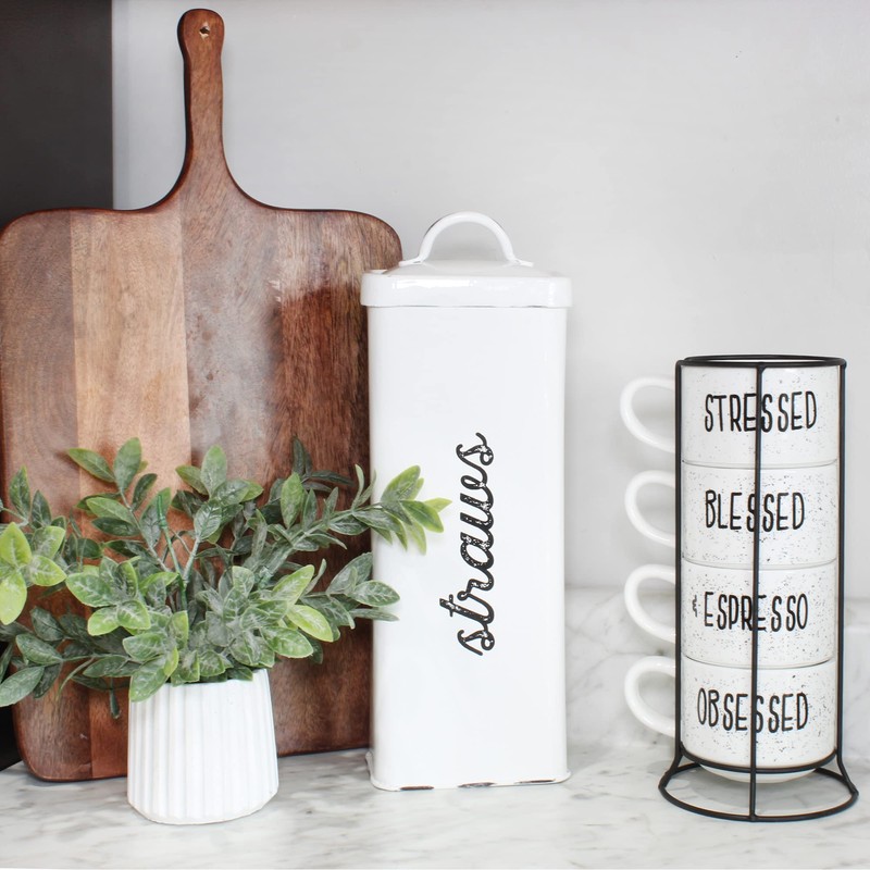 AuldHome Farmhouse Enamelware Straw Holder (White); Rustic Metal Straw Storage