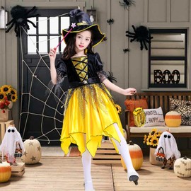 Angenster Halloween Cosplay Witch Costume, Girl, Miko Costume, 39.4 - 59.1 inches (100 - 150 cm), 4 Piece Set (One Piece, Hat, Candy Bag, Magic Wand), Dress, Cute, Kids, Devil, Christmas, Event,