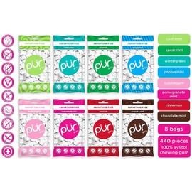 PUR Gum 8 Flavor Assortment Spearmint, Peppermint, Pomegranate Mint, Wintergreen, Cinnamon, Coolmint, Chocolate & Bubblegum