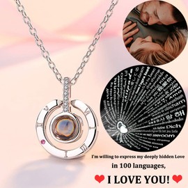 Necklace That Says I Love You in 100 Languages Projection Pendant Necklace That Says I Love U Different Ways for Women Teens Girls Girlfriend Mom Daughter with Meaning in Gift Box (Silver-Round)