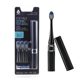 PURSONIC - Cepillo para polvo de dientes sónico portátil, funciona con pilas, incluye 3 cabezales de cepillo para polvo, 22.000 golpes por minuto, negro