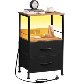 WLIVE Nightstand with Charging Station, LED Night Stand with 2 Fabric Drawers and Open Shelf, Small Dresser for Small Spaces, Side End Tables for Bedroom, Rustic Brown and Black