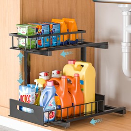 necvha Under Sink Organizer, 2 Tier Pull Out Cabinet Organizer, Height Adjustable Slide Out Storage Shelves, L-Shape Multi-Purpose Kitchen Cabinet Organizers for Under Sink Storage