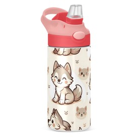 Kinder-Wasserflasche mit Strohhalm, 350 ml, niedlicher Wolfshund, Edelstahl, isoliert, Kleinkindbecher, Metall, auslaufsicher, Trinkflasche für Mädchen, BPA-frei