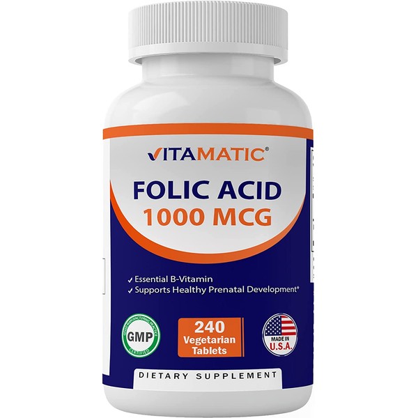 Vitamatic Folic Acid 1000 mcg (1 mg) - 240 Vegetarian Tablets - 1667 mcg DFE - Vitamin B9
