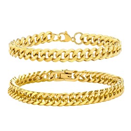 Mens Bracelets Curb Chunky Chain : Cuban Bracelet 2 Pack 9mm Gold Hand Chains Stainless Steel Large Hip Pop Rapper Unisex Jewelry Gifts