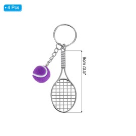 [PATIKIL] テニスキーチェーン 4個の合金製ミニテニスラケットキーチェーンキーリングテニスボールかわいいスポーツキーリング パープル