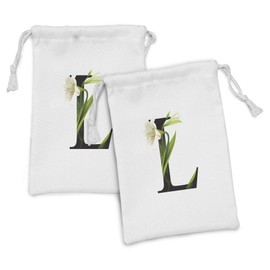 Ambesonne Letter L Fabric Pouch Set of 2, Conceptual ABC Typography Capital L with Lily Flourish Floral Natural Grace, Small Drawstring Bag for Toiletries Masks and Favors, 9" x 6", Green White Black