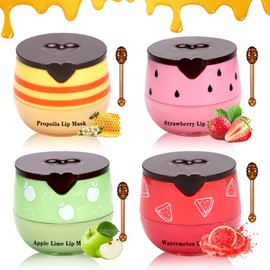 AOAZXBB 4 PCS Bee Lip Balm Honey Pot,Honey Strawberry Watermelon Apple Lip Mask, Reduces Lip Lines,Hydrating Exfoliating Lip Balm