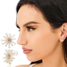 18K Gold Plated Sterling Silver Hypoallergenic Dainty Cubic Zirconia And Pearl Casual Chic Snowflake Style Stud Earrings Jewelry For Everyday Wear For Mother Daughter Girlfriend Wife BestFriend (Gold Snowflakes With Small Pearls)