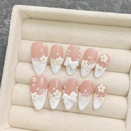 LIyun&Hang 3D Press on Nails French Tip Mediun-Almend Shapes 24Pcs Glossy Full Cover Artificial Fake Nails, Camellia Pearls And Bowknot Charm Design, Reusable Luxury jelly glue Stick On Nails (type-8)
