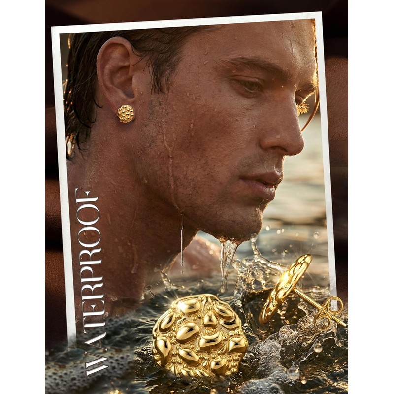 MUSECLOUD 3 Pairs 14K Gold Plated Nugget Earrings for Men