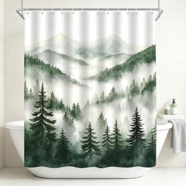 Dark Green Misty Pine Forest Shower Curtain Mountain Foggy Scenery,70x70IN