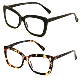 Women Big Lens Butterfly Reading Glasses - Fun Cateye Clear Lens Readers - Vintage Fashion (1 Black 1 Tortoise, 2.75)