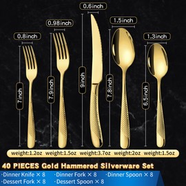 Lemeya 40-Piece Hammered Gold Silverware Set for 8 with Serrated Forging Knives,18/10 Stainless Steel Modern Flatware Set,Unique Cutlery Set Spoons and Forks Set,Mirror Polished,Dishwasher Safe