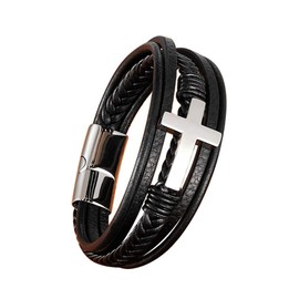 Binatric Multi-Layer Braided Leather Bracelets with Magnetic Clasp Mens Cuff Bracelets for Men Genuine Leather Bracelet Religious Leather Bracelets decorate Gift (Silver, 8.3 Inches)