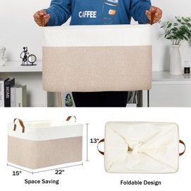 DULLEMELO Extra Large Baskets for Organizing, 22" X 15" X 13" Rectangle Fabric Storage Bins, Foldable Blanket Basket Living Room, Large Kids Toy Storage Organizer Bins, Baby Basket Gift (White&Khaki)