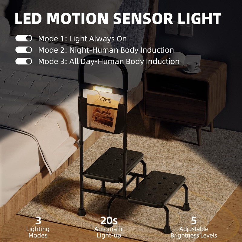 2 Step Stool with Handle for Elderly Heavy Duty Bed