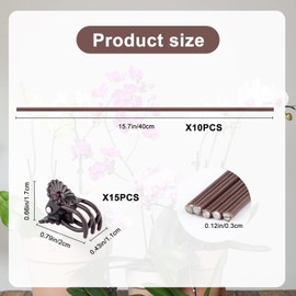 10Pcs Plant Support Stakes with 15pcs Plant Clips,15.7 Inches Bendable Plant Sticks for Indoor and Outdoor Plants,Single Stem Flower Stakes for Phalaenopsis Orchid Flower Roses(Brown)